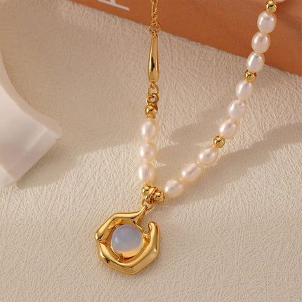 Vintage Moonstone and Pearl Necklace with Chain Fashion Jewelry Women and Girls
