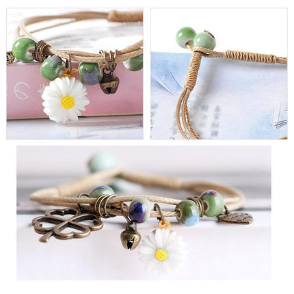 Flower Pendant Waxed Thread Rope Ceramic Beaded Wristband Bracelet Birthday Gift - Aimall