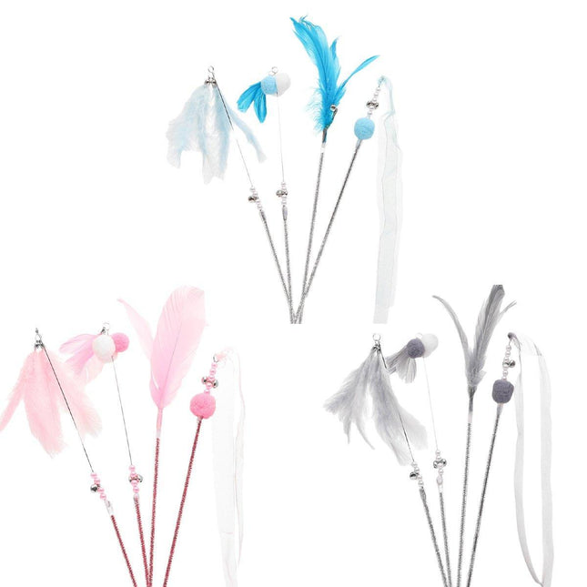4PCS Cat Teaser Stick with Bells Feathers Bite-resistant Long Rod Toy Supplies
