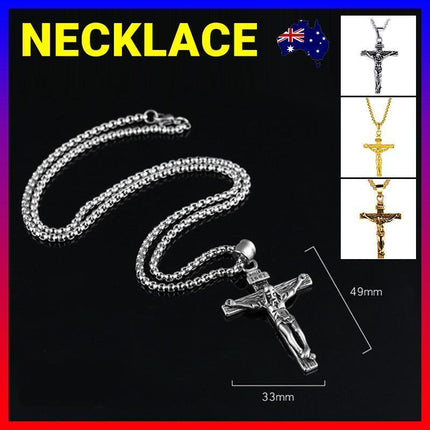 Men Stainless Steel Gold Silver Black Jesus Crucifix Pendant Chain Necklace Silver - Aimall