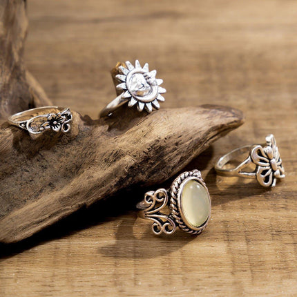 4pcs Butterfly Gem Ring Set Retro Sun Relief Rings Women Fashion Jewelry
