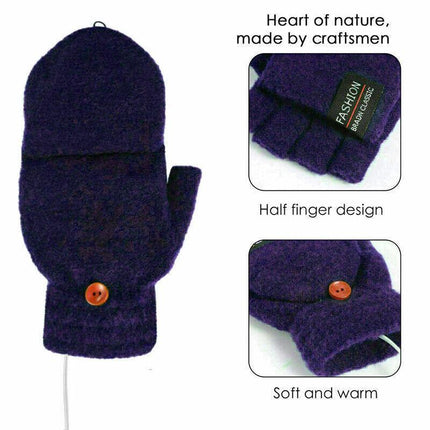 Winter Electric Rechargeable Mitten Heated Gloves Half Finger W/Hat USB Knitted - Aimall