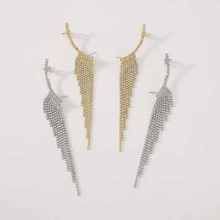 Bling Dangle Drop Tassel Earrings Long Tassel Rhinestone Rhinestone Earrings - Aimall