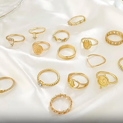 Gold Hollow Stackable Joint Ring Set 15 PCS Various Styles Versatile Womens - Aimall