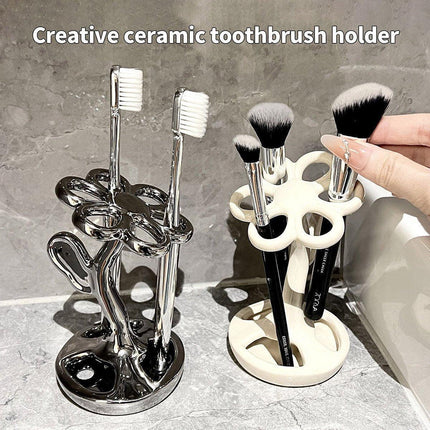 6 Slots Ceramic Toothbrush Holder Flower Shaped Makeup Brush Bathroom Shelf