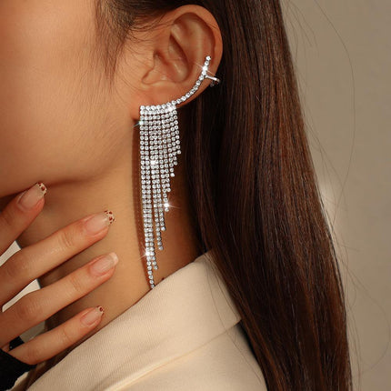 Bling Dangle Drop Tassel Earrings Long Tassel Rhinestone Rhinestone Earrings - Aimall