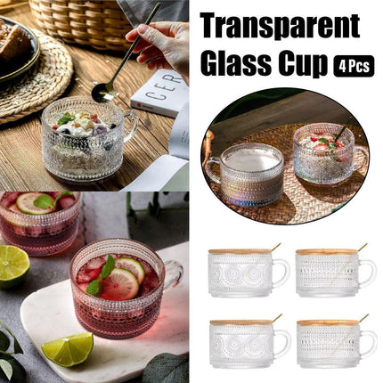 4PCS Vintage 14oz Embossed Glass Coffee Cups with Bamboo Lid and Spoon for Tea Milk