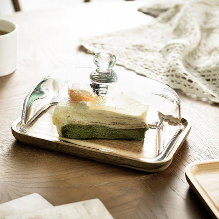 Wooden Square Cake Tray Dessert Tea Tray with Glass Cover Snack Patisserie Plate