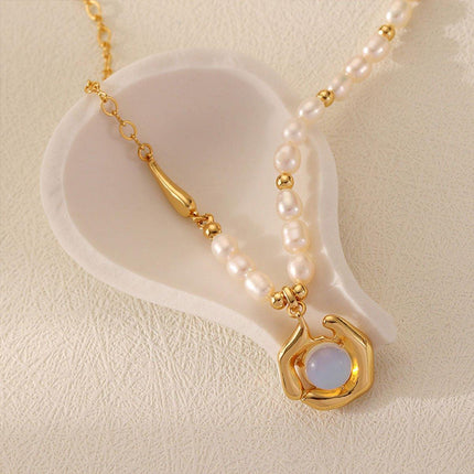 Vintage Moonstone and Pearl Necklace with Chain Fashion Jewelry Women and Girls