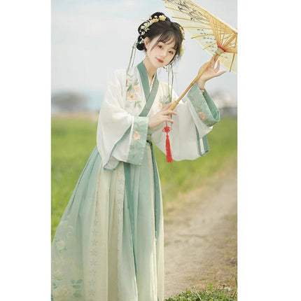 Hanbok Women One Piece Green Flounce Skirt Set Traditional Chinese Style Dress