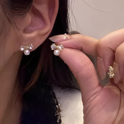 White Zircon Crystal Pearl Bow Tie Stud Earrings Elegant Best Gift for Women - Aimall