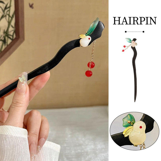 Chinese Style Wooden Hairpin Green Leaves Red Beads Hanfu Headdress