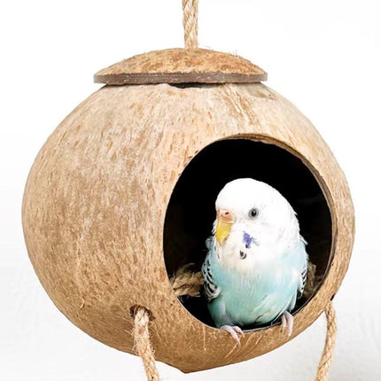 Natural Coconut Bird Nest Cage Pet Parrot Parakeet Safe Hut Feeder Shell Home - Aimall