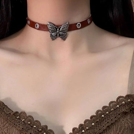 Elegant Brown Leather Butterfly Necklace with Adjustable Strap Stylish Gift