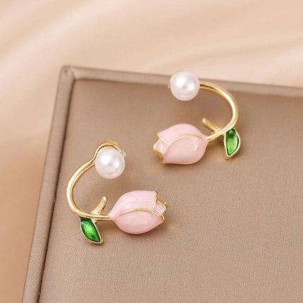 Simple Tulip Pearl Earrings Elegant Women Jewelry Fashion Trendy Stud Earrings