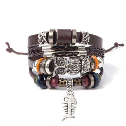 Turquoise Woven Leather Multi Layered Beaded Bracelet with Wood Beads Women
