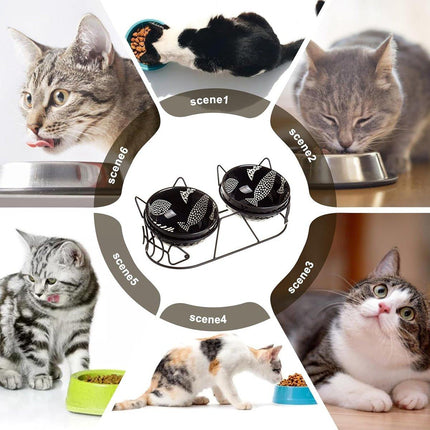 Double Ceramic Anti-Tipping Cat Dog Food and Water Bowl with Spine Fixed Design