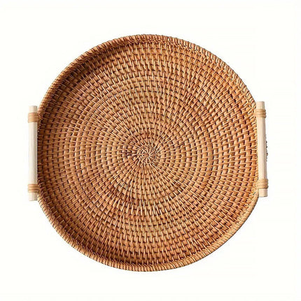Round Rattan Hand Woven Storage Basket Bread Fruit Serving Tray Kitchen Container