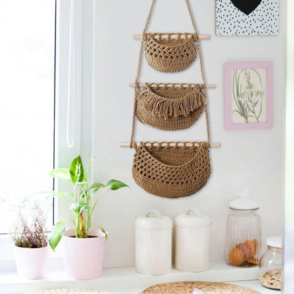 Three Layer Cotton Rope Wall Hanging Basket Door Storage Rack Organizer Bag