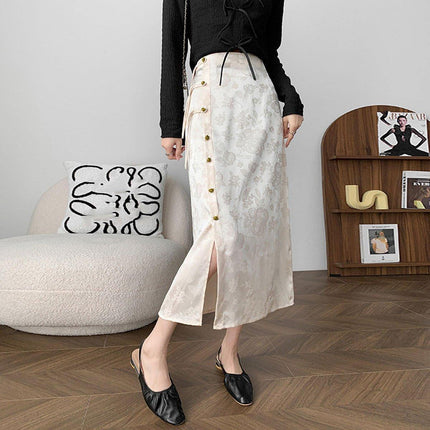 Retro White Cheongsam Style High Waist Slit Skirt for Women