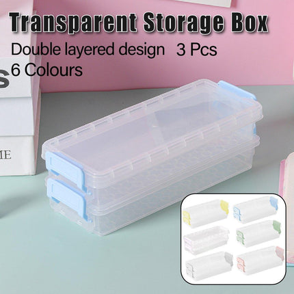 3PCS Clear Plastic Desktop Storage Box 2 Layer Holder DIY Stationery Pencil Case