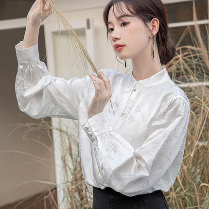 New Spring White Chinese Style Womens Top with Stand Collar Elegant Shirt