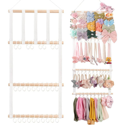 4 Tier Wooden Hair Clip Organizer Hanging Rack for Hair Clips and Ties Storage