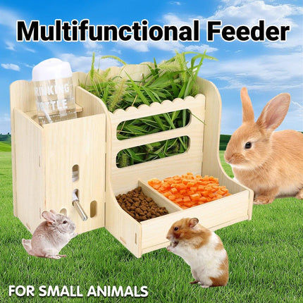 Wooden Feeder Stand Rabbit Guinea Chinchilla Food Basin Multi-Function Kettle