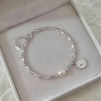 S925 Silver Handmade Bamboo Link Heart and Pearl Pendant Bracelet INS Style Jewelry