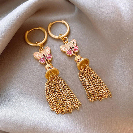 Fashion Retro Color Oil Dropping Butterfly Earrings Tassel Luxury Simple Earring