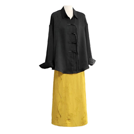 Luxury Women Jacquard Suit Chinese Style Black Shirt Fashion Skirt Set Elegant - Aimall
