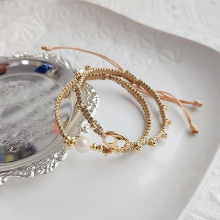 Adjustable Gold Pearl Bracelet Accessory Stylish Hand-Woven Pearls Wrist Chain - Aimall