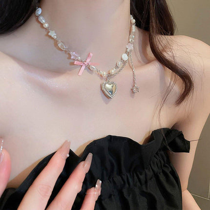 Pink Pentagram Love Pendant Necklace Sweet Jewellery Women Girls Cute Gift