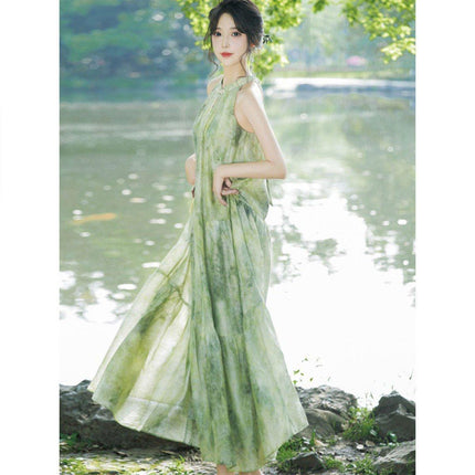Women Chinese Style Green Halter Neck Long Dress Elegant Evening Gown