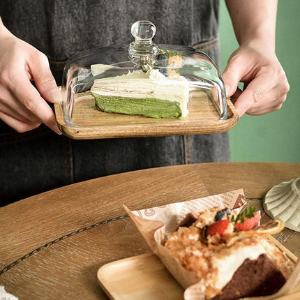 Wooden Square Cake Tray Dessert Tea Tray with Glass Cover Snack Patisserie Plate