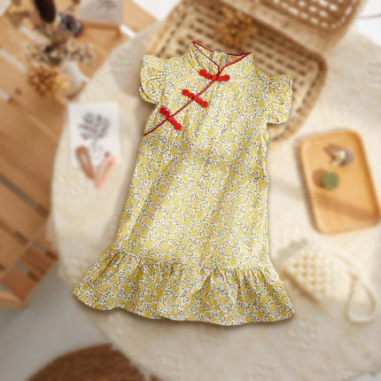Girls Cheongsam Skirt Floral Dress Traditional Chinese Style Summer Outfit