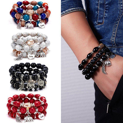 3PC Women's Boho Wooden Natural Stone Beads Tassel Bracelet Set Bodhi Beaded