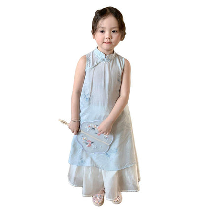 Girls New Chinese Style Cheongsam Dress Set Summer Traditional Outfit
