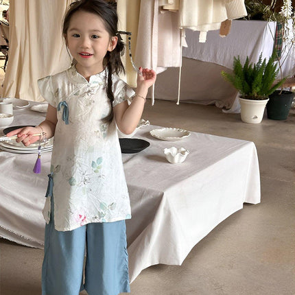 New Chinese Style Girls Waistcoat Tang Suit Pink White Two Piece Cheongsam Set