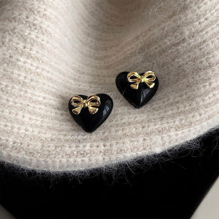 Elegant Black Heart Earrings with Golden Bow for Girls Sweet Fashion Jewelry