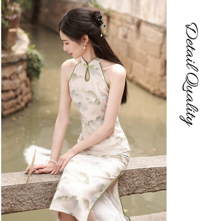 Spring Summer Silk Hemp Cheongsam Long Dress Improved Sleeveless Chinese Qipao