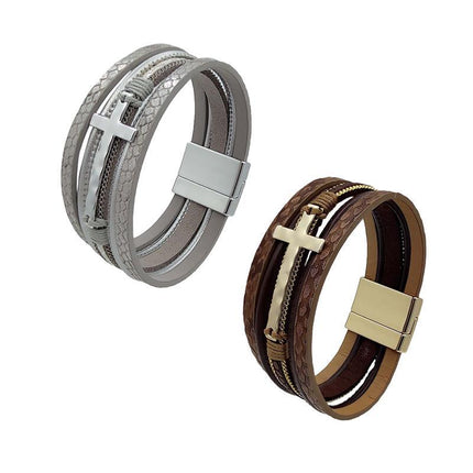 Men Cross Bracelet Multi-Layer Leather Wristband Stainless Steel Stylish Gift - Aimall