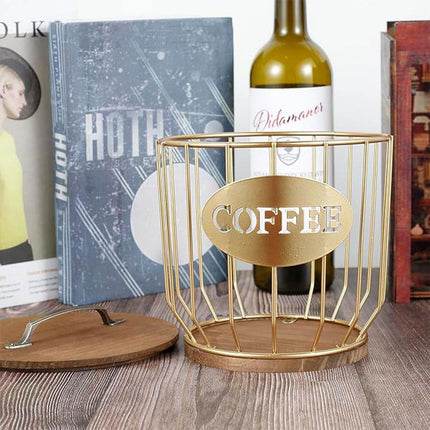 Iron Wood Coffee Capsule Storage Basket Decor Organizer for Kitchen Living Room
