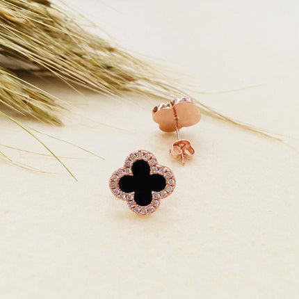 Fashion Flower Four-leaf Lucky Clover Rose Gold White Stud Earring Ladies - Aimall