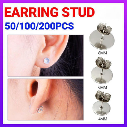 50/100/200PCS Earring Stud Posts Pads+Nut Backs Silvery Surgical Steel DIY Craft 4MM - Aimall