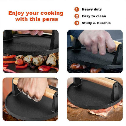 Cast Iron Burger Press Making Hamburger Steak Meat Smasher Utensils Grill BBQ - Aimall