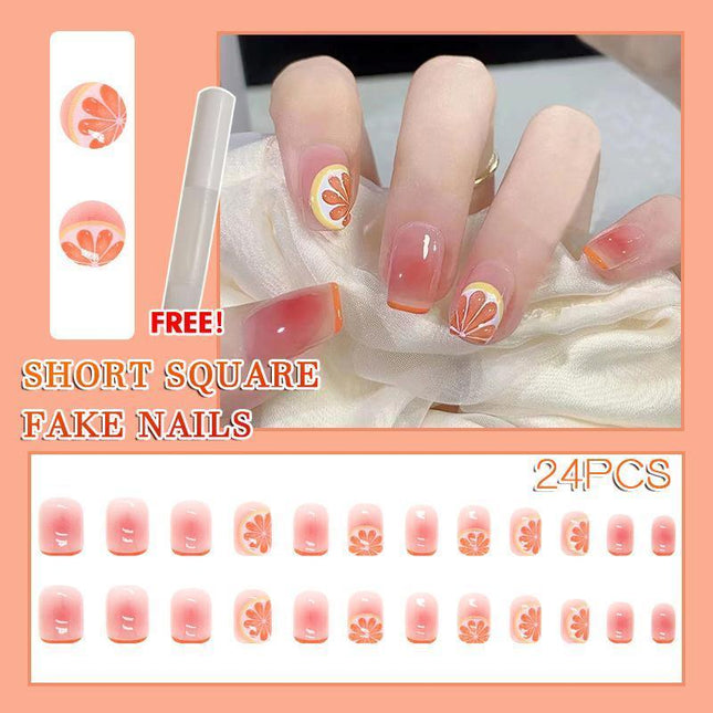24X Orange Fake Nail Reusable Stick On Nails Press on Full Cover False Nail Tips - Aimall