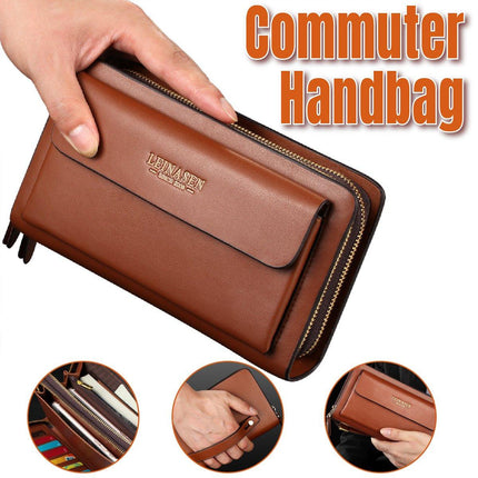 Commuter Clutch Bag for Men Long Leather Wallet Handbag Casual Travel Purse