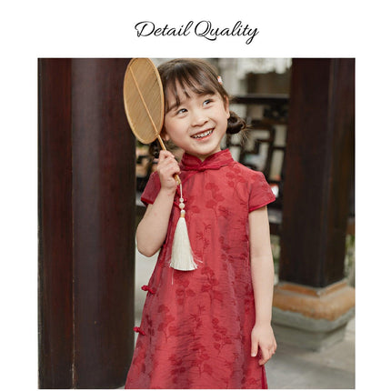 Summer Cotton Cheongsam Dress Girls Retro Solid Color Fashion Solid Color Dress - Aimall