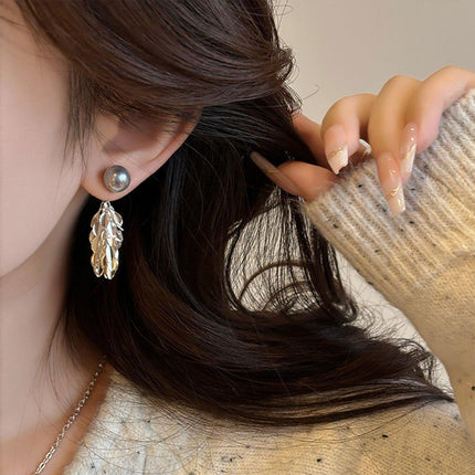 Gray Leaf Tassel Earrings pearl stud Sparkling Fashion Jewelry Women Gifts